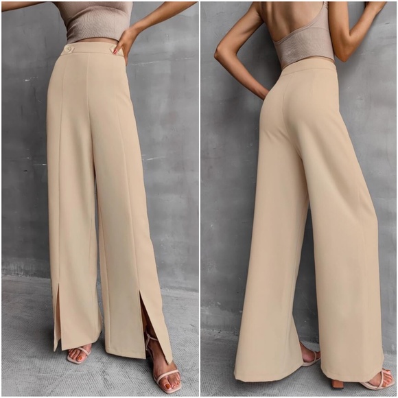 Classic Khaki Wide Leg Slit Hem Pants Minimalist Work Office - Picture 2 of 2